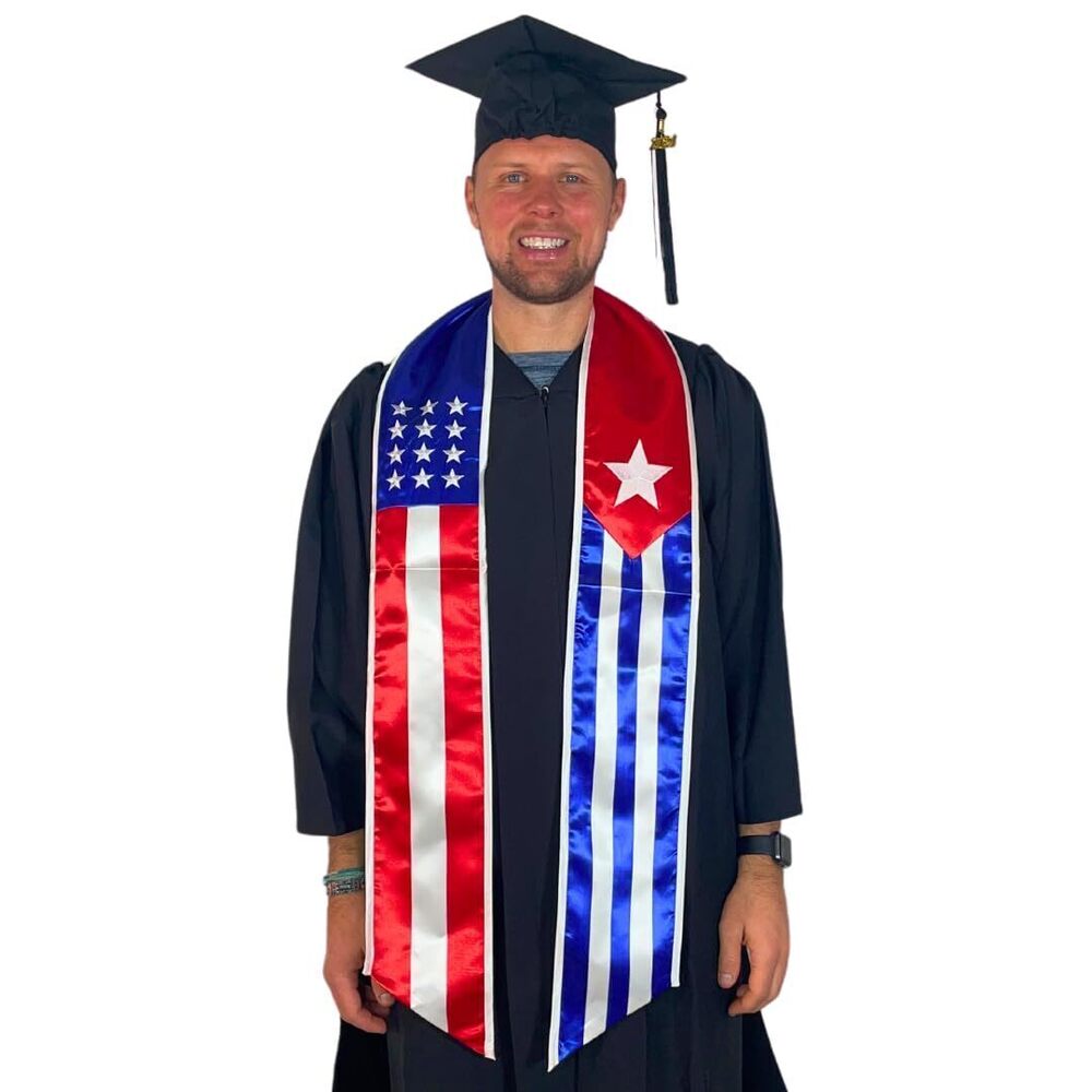2034 Two Flag Graduation Sash Stole USA + International Cuba & USA